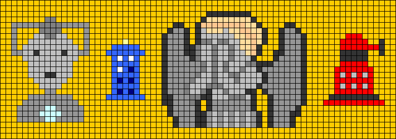 motif 25x71 en pixel art, pour bracelet petit poignet sur le th�me Doctor Who avec Cyberman, petit Tardis, Ange Pleureur qui se cache les yeux et Dalek.