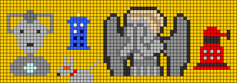 motif 25x71 en pixel art, pour bracelet petit poignet sur le th�me Doctor Who avec Cyberman, petit Tardis, K9, Ange Pleureur qui se cache les yeux et Dalek