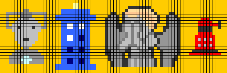 motif 25x78 en pixel art, pour bracelet grand poignet sur le th�me Doctor Who avec Cyberman, grand Tardis, Ange Pleureur qui se cache les yeux et Dalek.