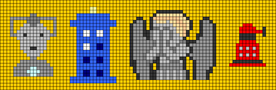 motif 27x83 en pixel art, pour bracelet plus grand poignet sur le th�me Doctor Who avec Cyberman, grand Tardis, Ange Pleureur qui se cache les yeux et Dalek.