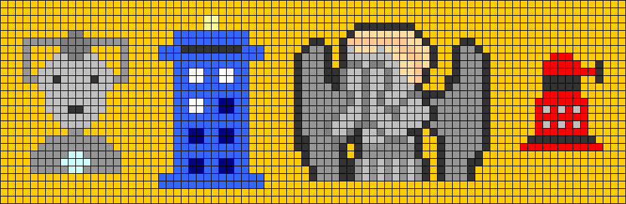 motif 27x83 en pixel art, pour bracelet plus grand poignet sur le th�me Doctor Who avec Cyberman, grand Tardis avec plaque en haut, Ange Pleureur qui se cache les yeux et Dalek.