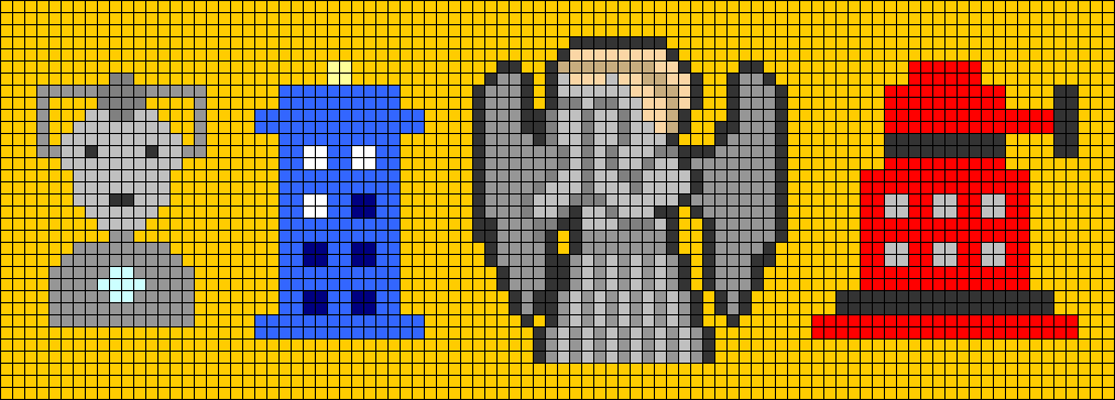 motif 33x92 en pixel art, pour bracelet plus grand poignet sur le th�me Doctor Who avec Cyberman, grand Tardis avec plaque en haut, Ange Pleureur qui se cache les yeux et grand Dalek.