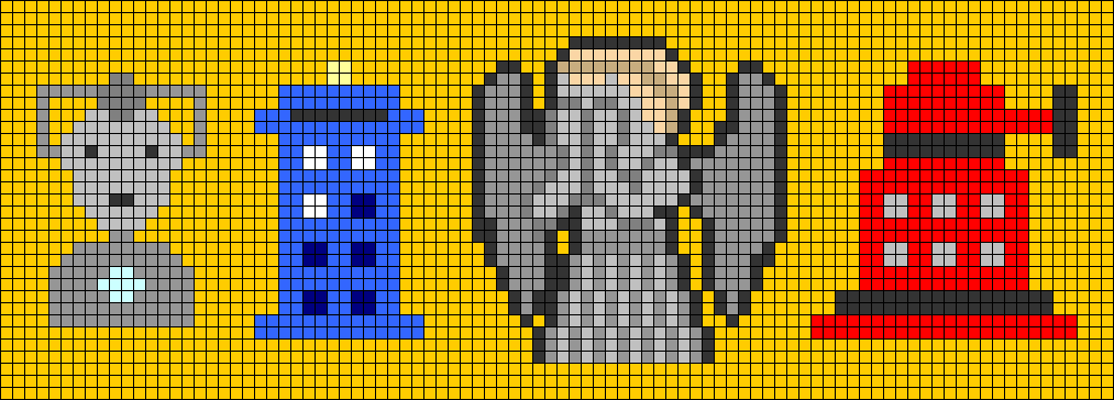 motif 33x92 en pixel art, pour bracelet plus grand poignet sur le th�me Doctor Who avec Cyberman, grand Tardis, Ange Pleureur qui se cache les yeux et grand Dalek.