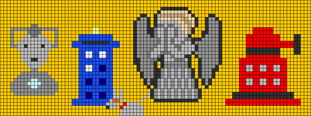 motif 34x91 en pixel art, pour bracelet plus grand poignet sur le th�me Doctor Who avec Cyberman, grand Tardis avec plaque en haut, K9, Ange Pleureur qui se cache les yeux et grand Dalek.